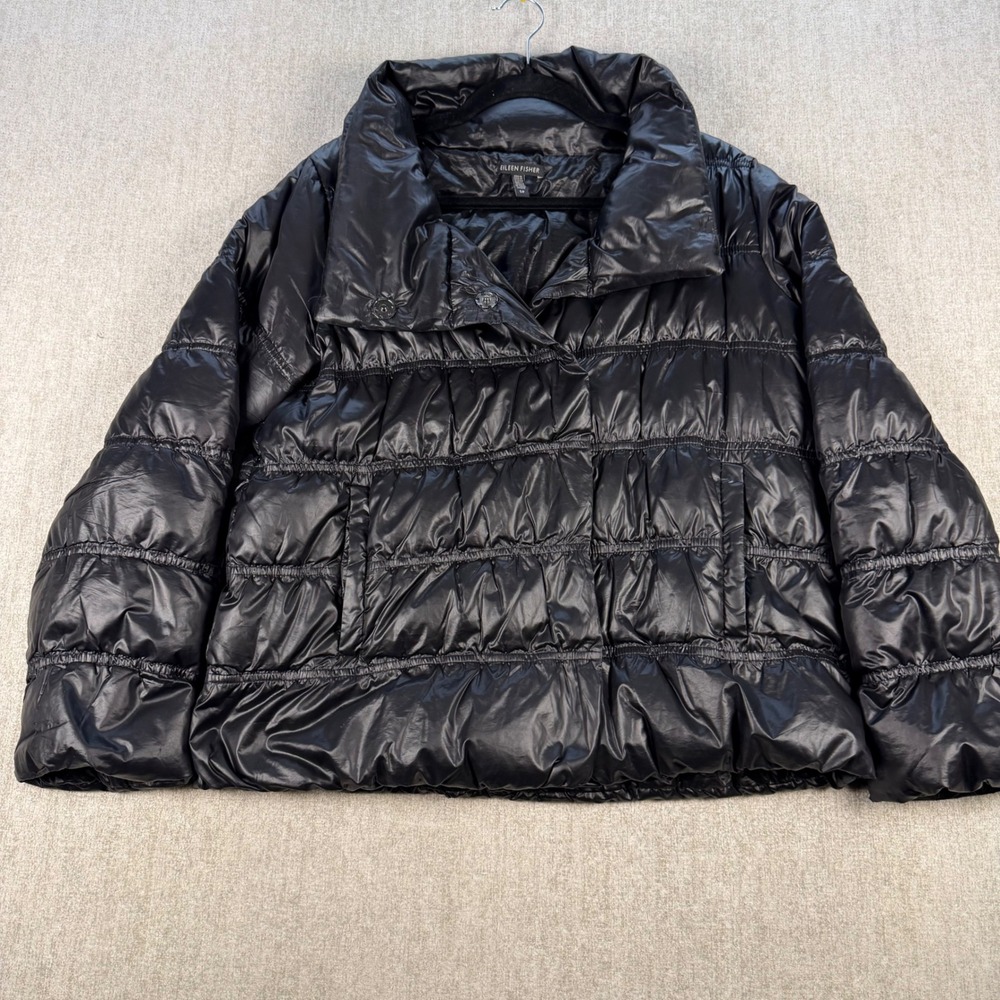 Eileen Fisher Puffer Jacket Women S Black Down Feather Quilted Funnel Neck Coat
